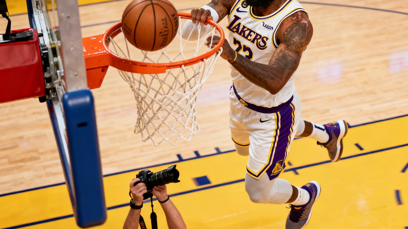 NBA湖人队对阵勇士队比赛全场集锦封面，一名球员飞身扣篮的瞬间被定格，篮筐下方摄影师高举相机。